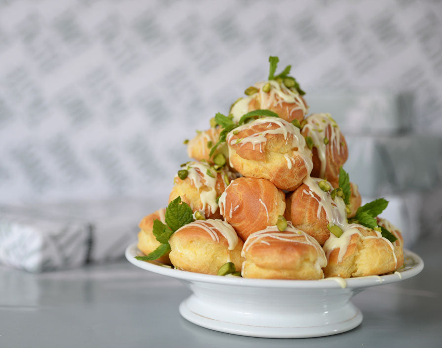 Cream Puff Tower with Lemon Curd, Lemon Ice Cream and Pistachio