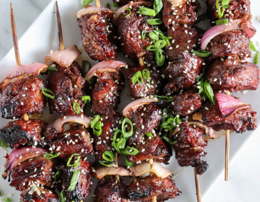 Grilled Asian Red Onion Steak Kebabs