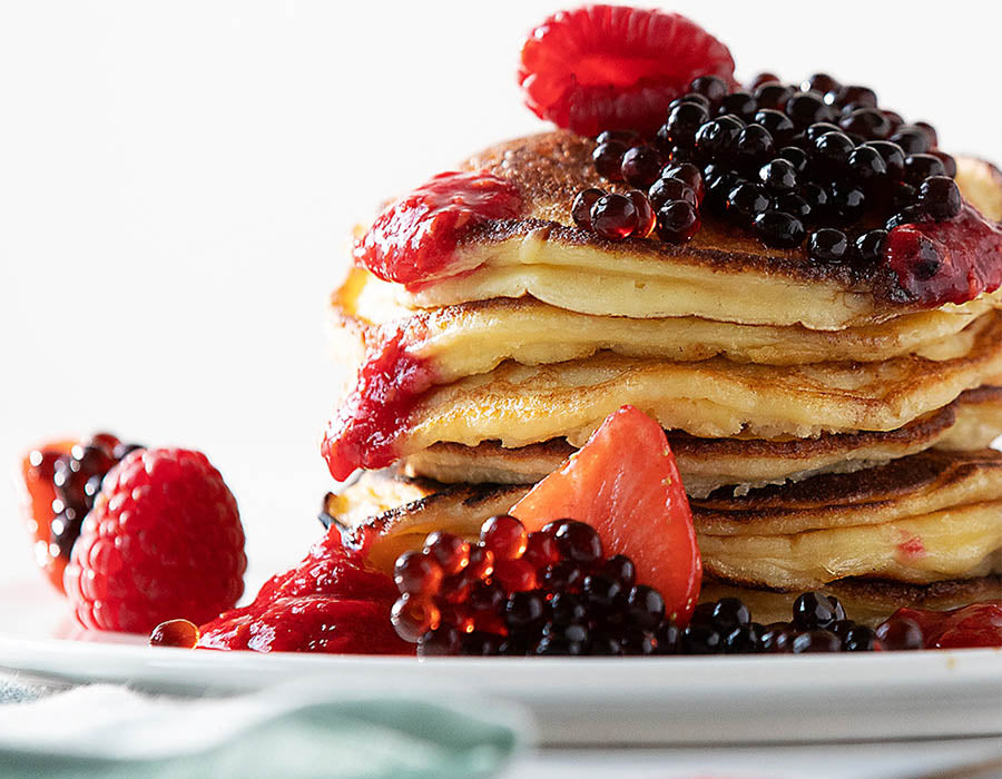 Ricotta Pancakes with Raspberry Pearls