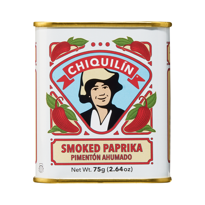A can of Chiquilin Smoked Paprika with a graphic of a man and paprika peppers on the label, indicating the product is a spice.