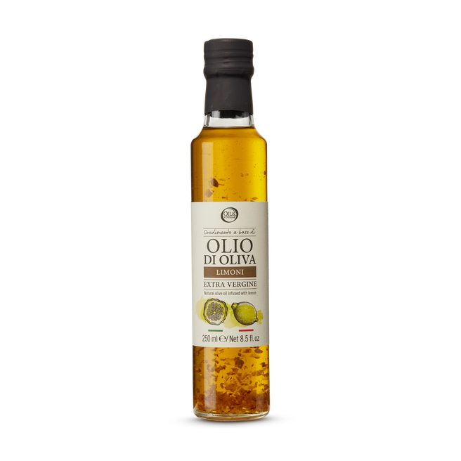 Bottle of Olio di Oliva lemon-infused olive oil on a white background