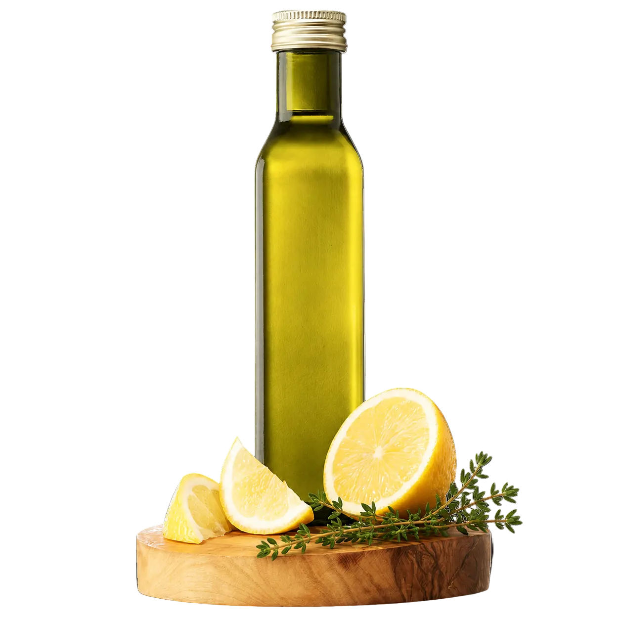 A tall glass bottle of olive oil with a gold cap stands on a round wooden board, surrounded by lemon slices and fresh thyme sprigs, against a plain white background.