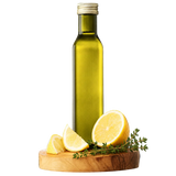 A tall glass bottle of olive oil with a gold cap stands on a round wooden board, surrounded by lemon slices and fresh thyme sprigs, against a plain white background.