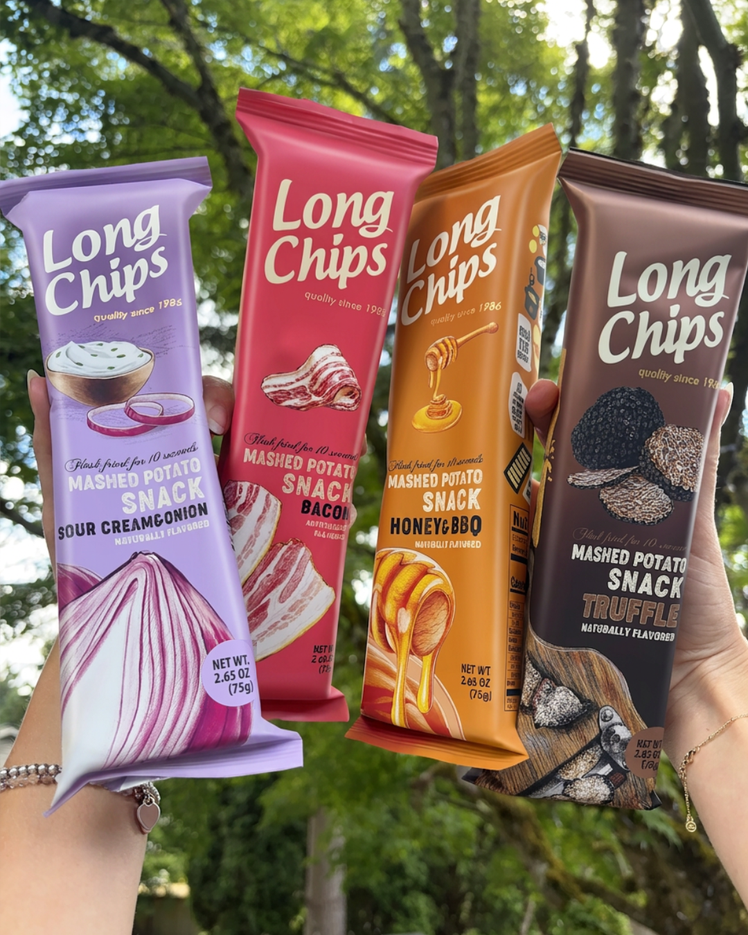 Four Long Chips flavored potato snack sticks held up by hands outdoors in front of green trees. The packages are shown in four colors: purple (Sour Creambonion), red (Bacon), orange (Honey BBQ), and brown (Truffle).