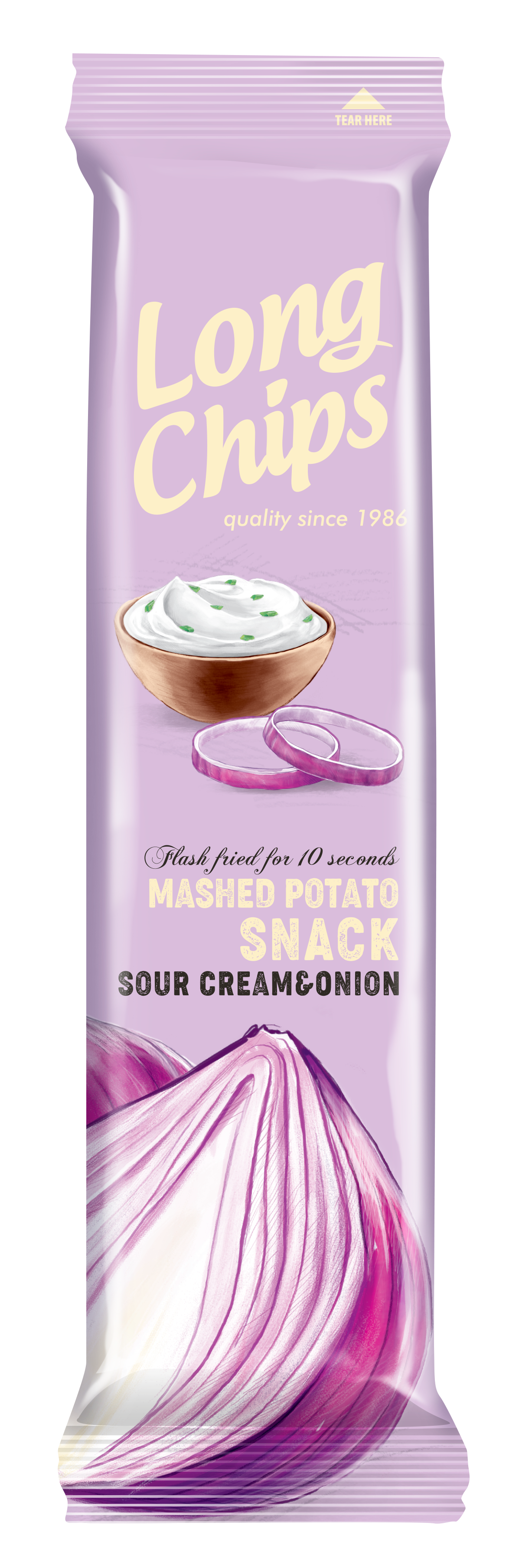 A Long Chips branded snack wrapper for Sour Cream and onion mashed potato snack, featuring a light purple design with an onion illustration and text indicating it is fresh fried in 10 seconds.