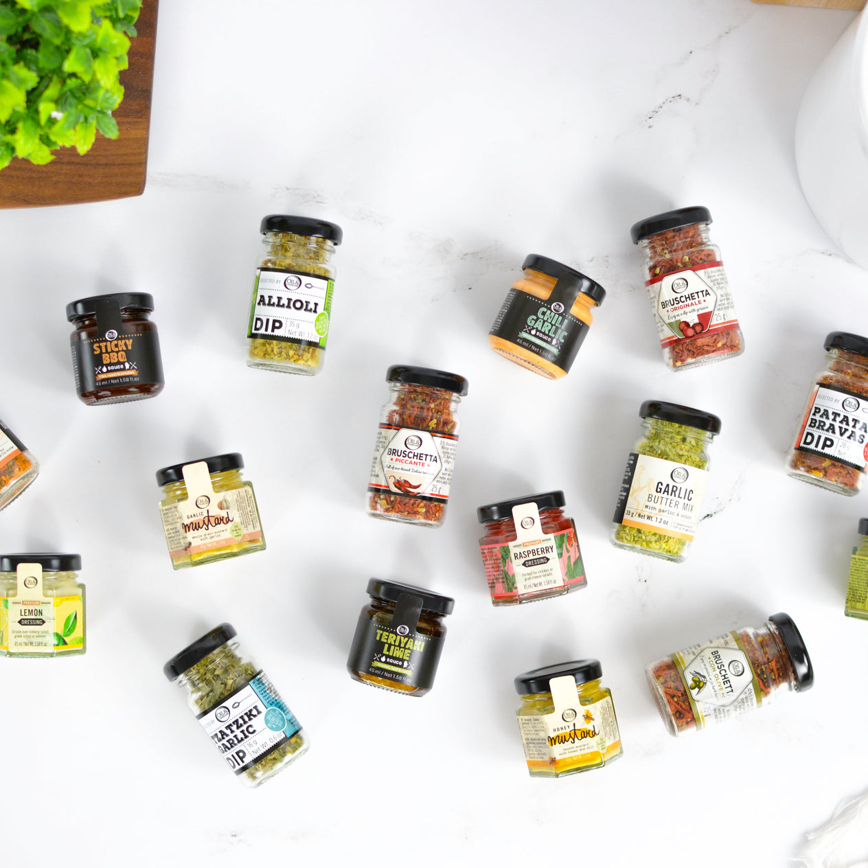 Assorted spice jars on a white surface with a plant and cup in the background